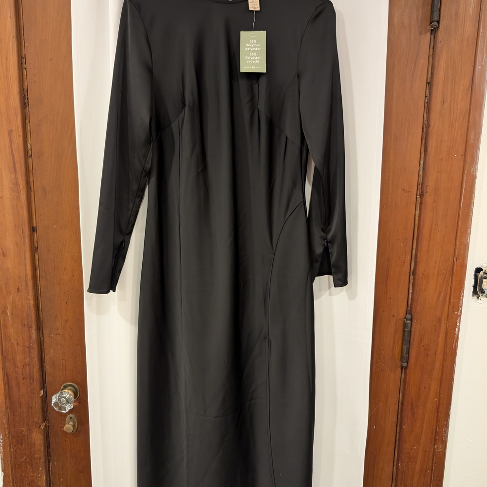 H&M Black Satin Long Sleeve Maxi Dress With Leg Slit And Zip Sleeves